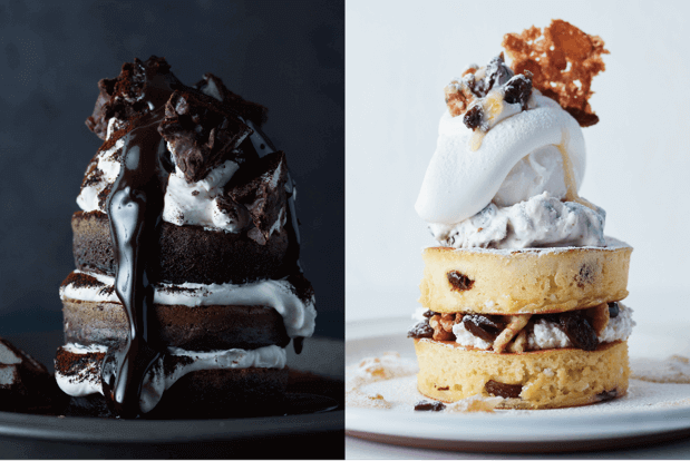 J.S. パンケーキカフェの『ホワイトラムレーズンパンケーキ』『ブラックティラミスパンケーキ』