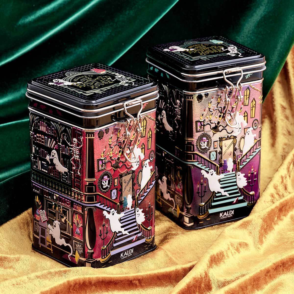 カルディコーヒーファームの『オリジナル ハロウィンキャニスター缶(ピンク＆パープル／グリーン＆パープル)』