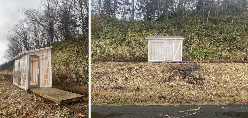 辻野建設工業株式会社の『新・当別田園住宅』-廃線になった線路上に設置された小さな小屋。「自由な発想で使ってほしい」。