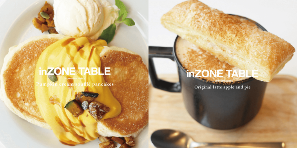 inZONE TABLEの『かぼちゃクリームスフレパンケーキ』・『りんごとパイの自家製ラテ』