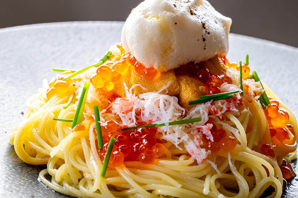 北海道イタリアン ミアボッカの『北海道産塩水ウニ・いくら・紅ズワイガニの冷製スパゲティ』