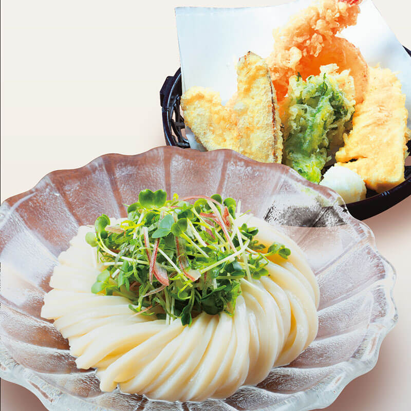 饂飩の四國の『春爛漫フェア』-黒酢醬油うどんと春の天ぷら盛り合わせ