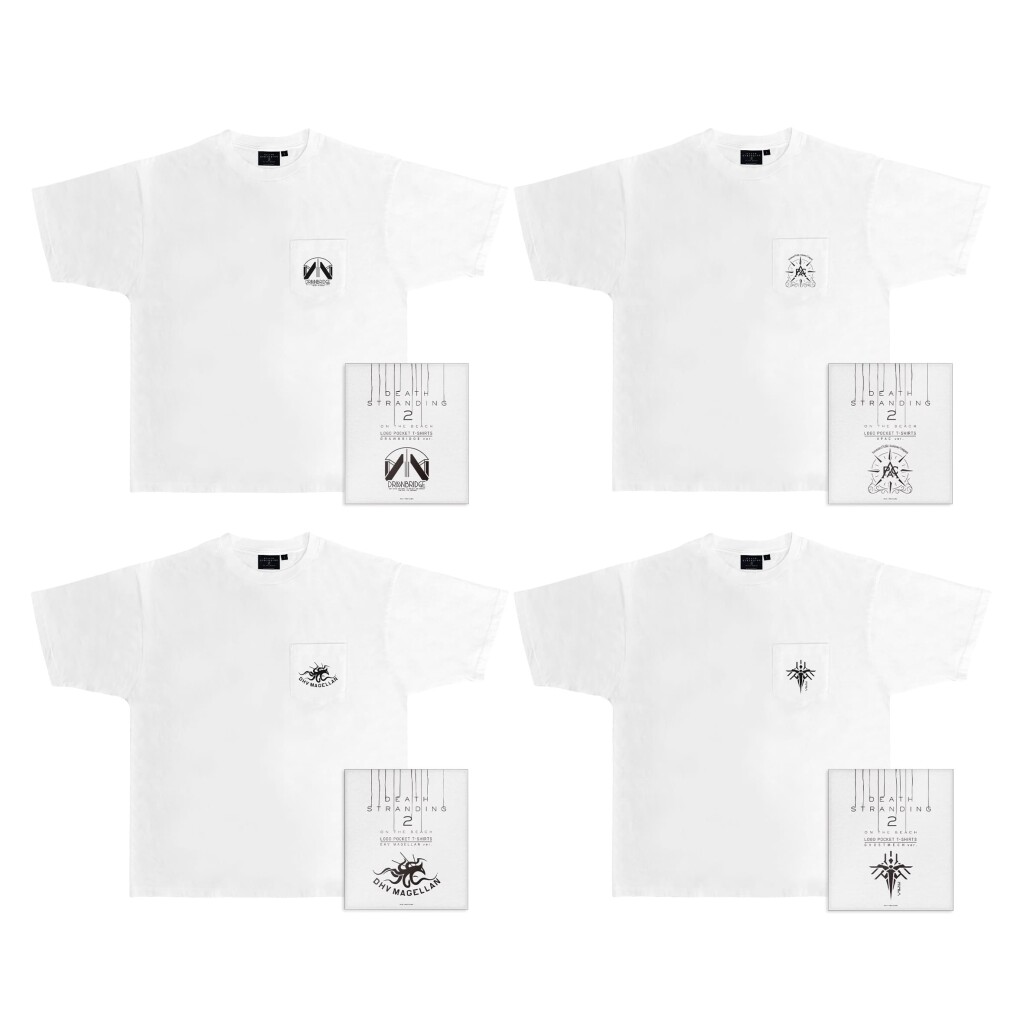 DEATH STRANDING 2 JAPAN POPUP TOURの『「パックTシャツ」DRAWBRIDGE ver./APAC ver./DHV MAGELLAN ver./GHOST MECH ver.(ホワイト・M/L/XL)』