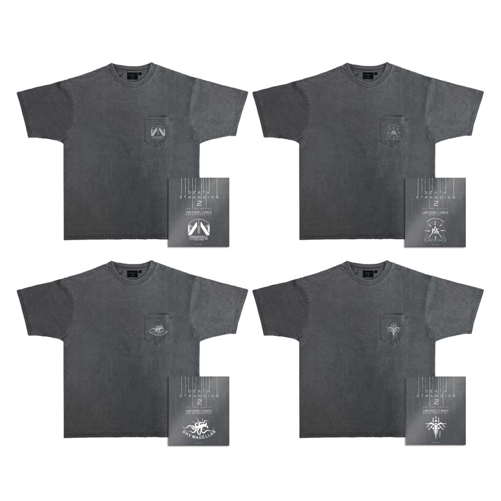 DEATH STRANDING 2 JAPAN POPUP TOURの『「パックTシャツ」DRAWBRIDGE ver./APAC ver./DHV MAGELLAN ver./GHOST MECH ver.(グレー・M/L/XL)各4,950円』