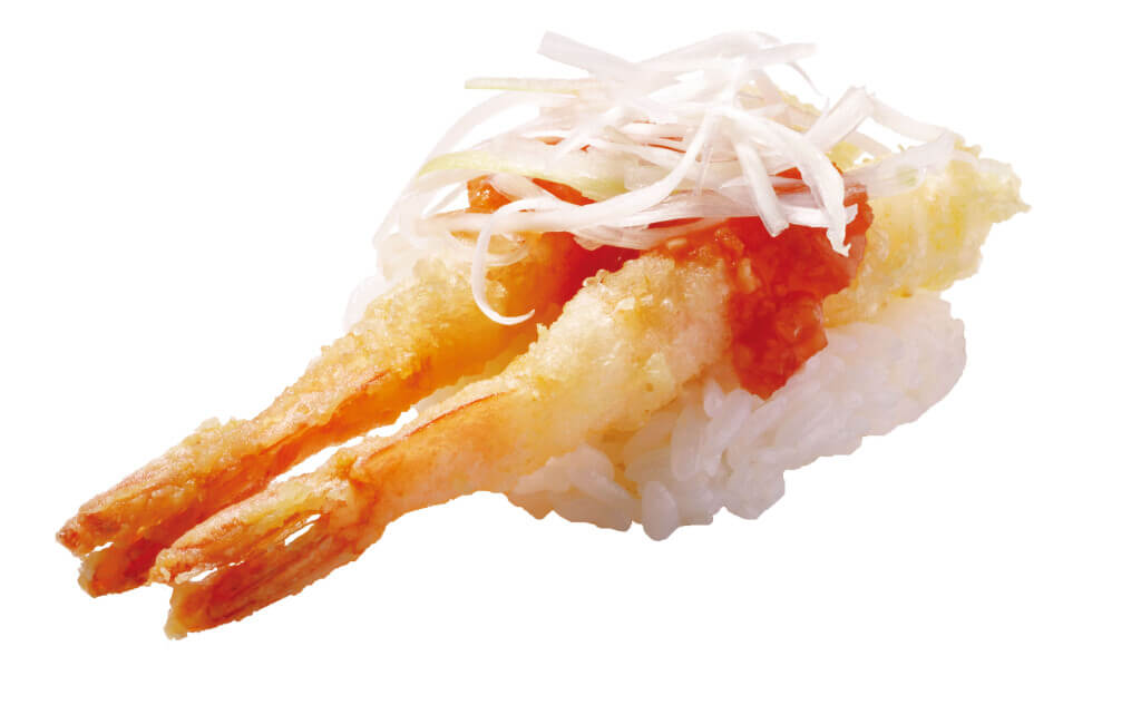 はま寿司の『えび天握り(シャキシャキ葱チリソース)160円(税込176円)』