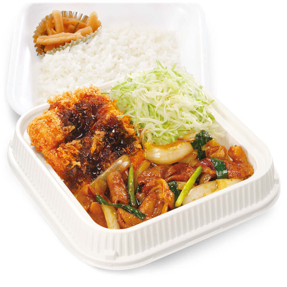とんかつ専⾨店「かつや」の『モツ野菜炒めとチキンカツの合い盛り弁当』
