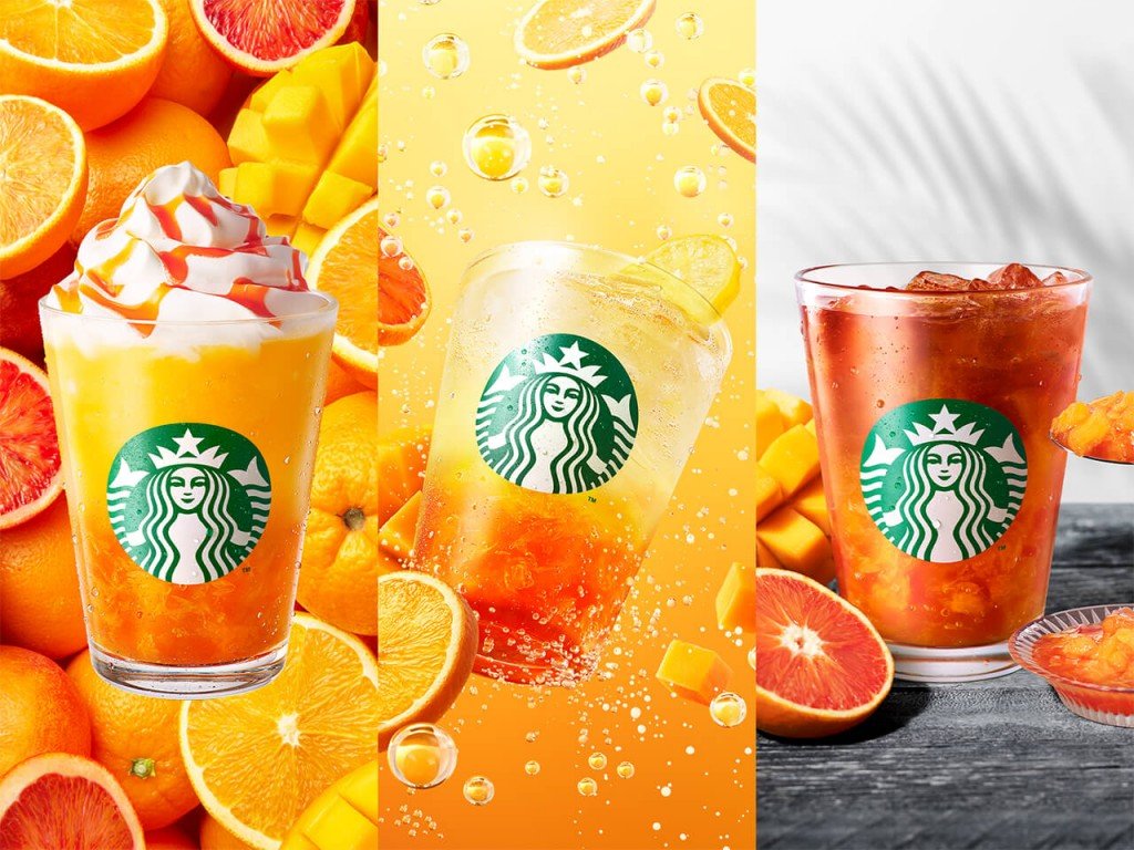 スターバックスの『ぎゅぎゅっと オレンジ&マンゴー フラペチーノ®』『チラックス ソーダ オレンジ&マンゴー』『クラフト ジューシー オレンジ&マンゴー ティー』
