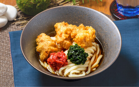 山下本気うどんの『鶏天と梅あおさのぶっかけうどん』