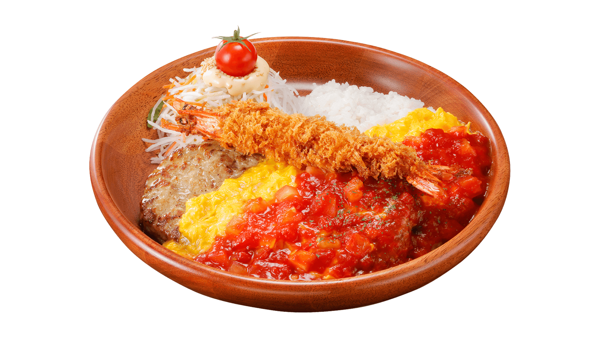 びっくりドンキーの『角切りトマトとびっくりエビフライのオムバーグディッシュ』