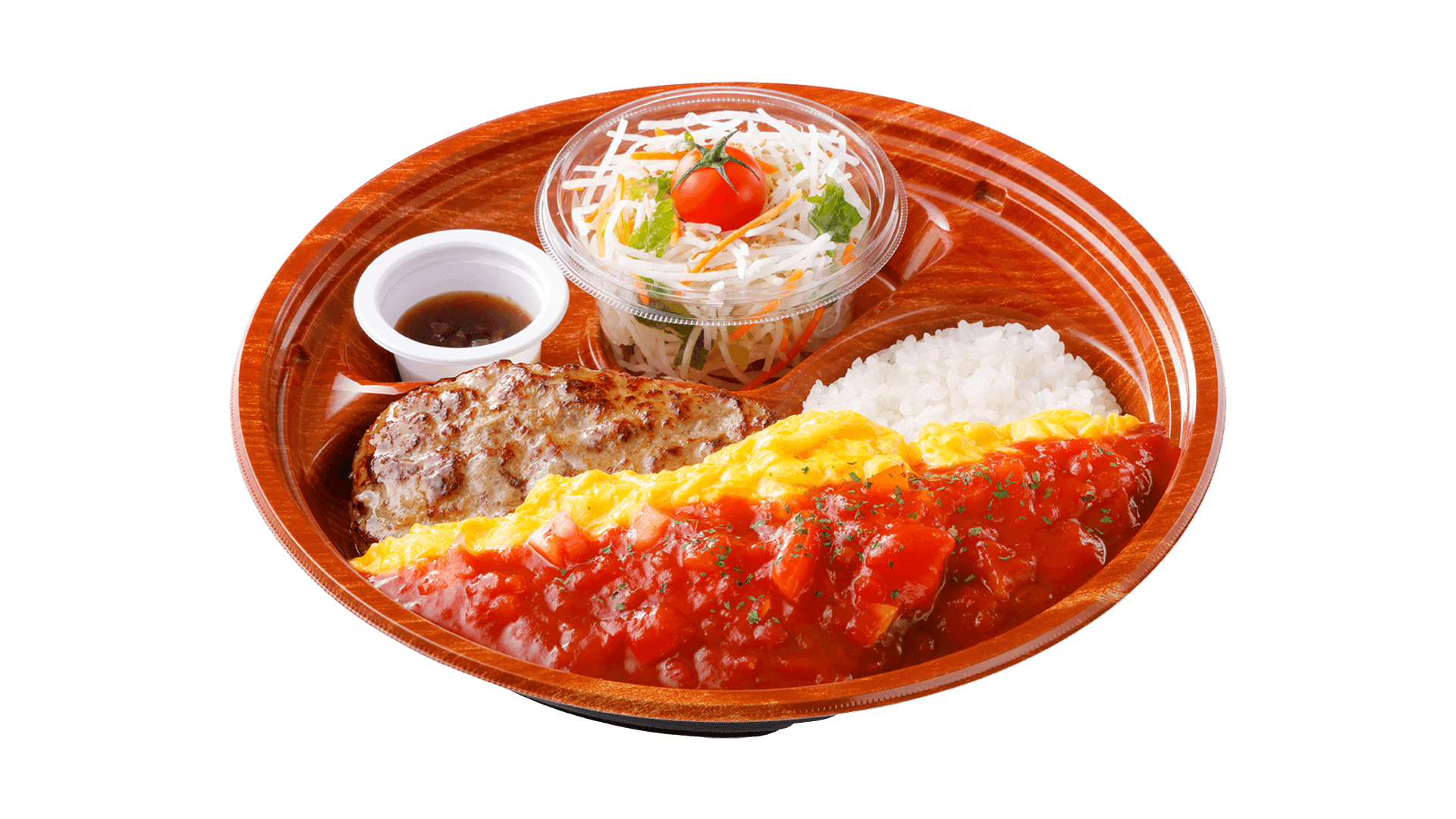 びっくりドンキーの『角切りトマトのオムバーグディッシュ』(テイクアウトメニュー/宅配メニュー)