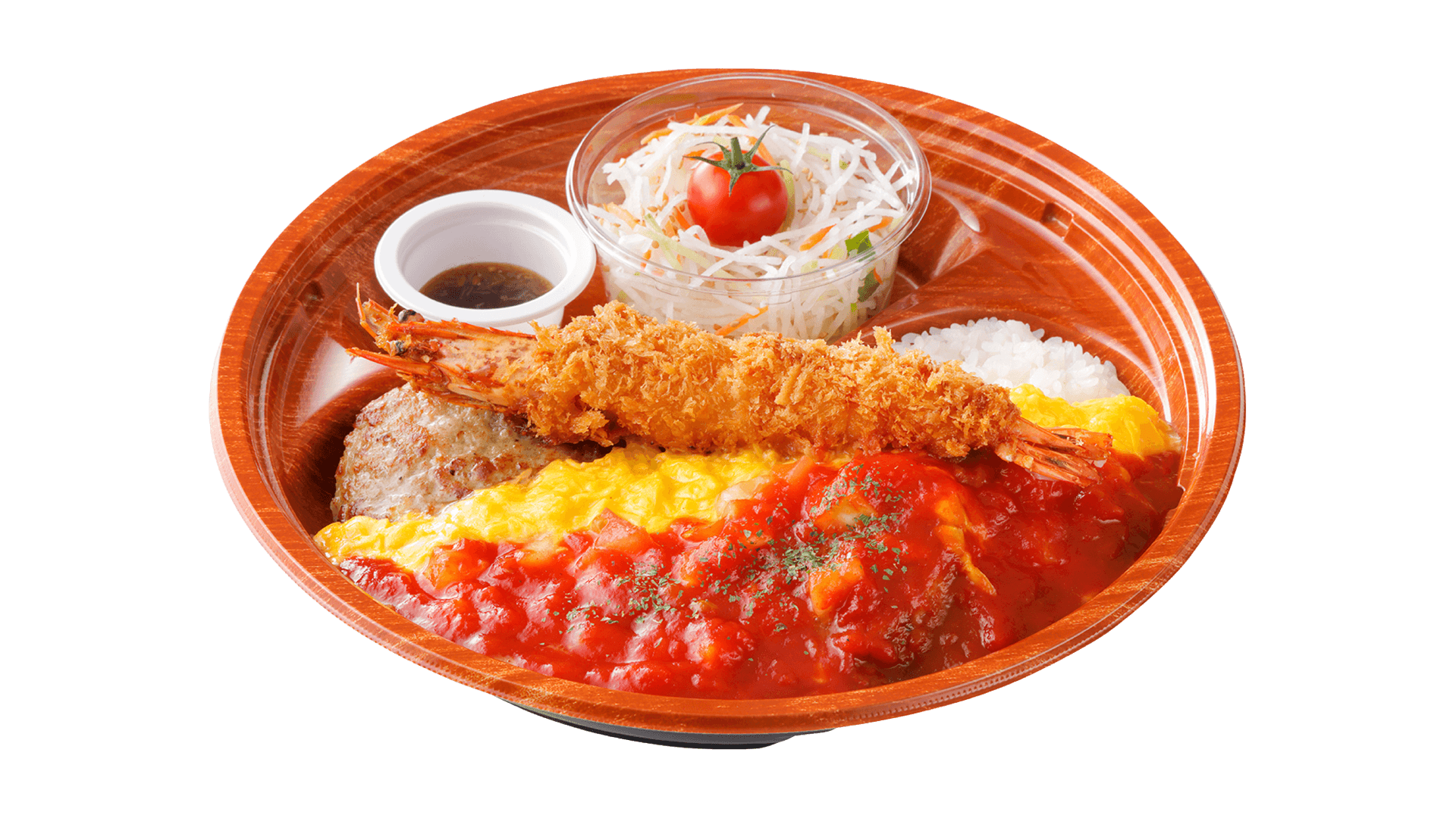 びっくりドンキーの『角切りトマトとびっくりエビフライのオムバーグディッシュ』(テイクアウトメニュー/宅配メニュー)