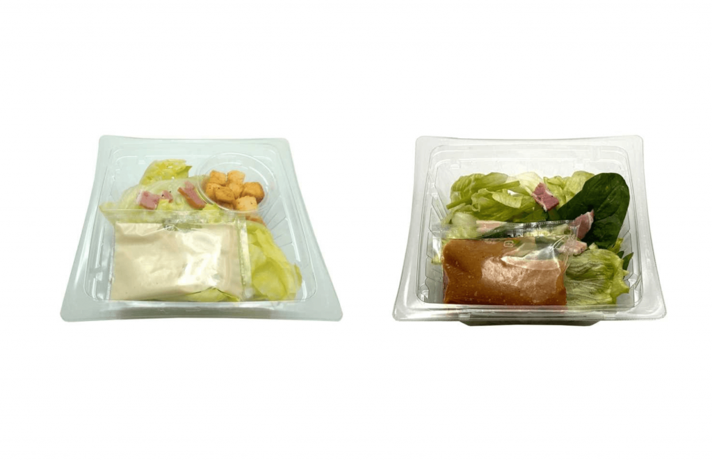 セブン‐イレブンの『レタスのシーザーサラダ シーザードレッシング付き』『レタスとほうれん草のサラダ すりおろし野菜ドレッシング付き』